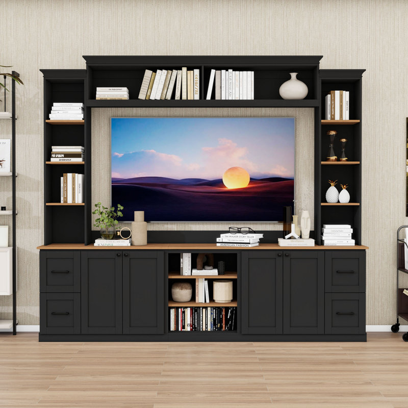 Meuble audio-vidéo avec 4 tiroirs, tablettes, armoires de rangement et portes, Noir