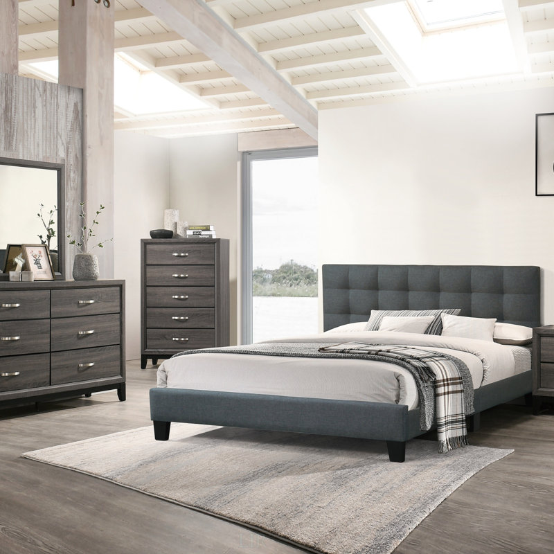 Lit plateforme moderne avec tête de lit capitonnée en polyfibre, aucun sommier requis, Grand lit, Gris anthracite