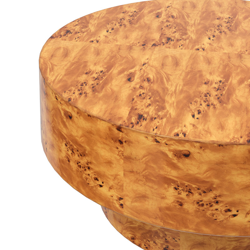 Handcrafted Burl Wood Round Coffee Table with Strudy Pedestal, Mid-Century Modern Solid Wood Coffee Table for Living Room