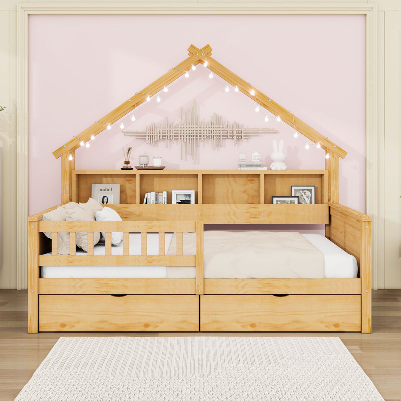 Lit double en bois avec rangement et garde-corps, lumières DEL, Naturel