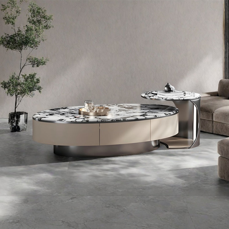 Light luxury oval marble coffee table, 15.7" H x 51.2" L x 27.6" D