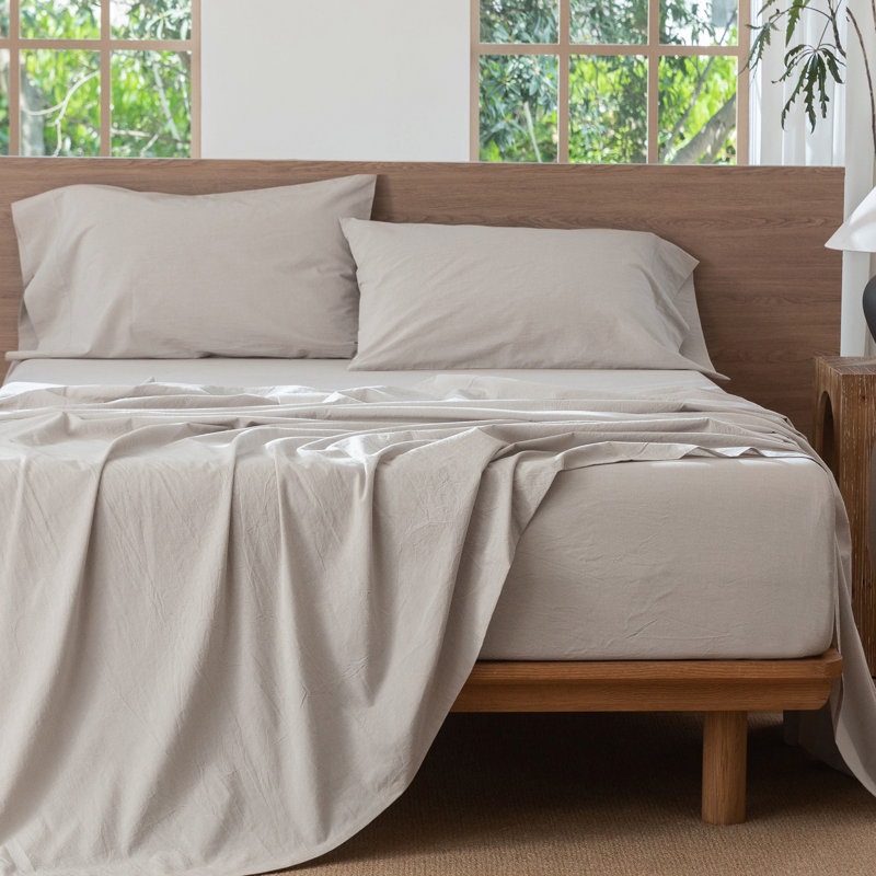 Ensemble de draps MooMee, Ensemble de draps pour grand lit avec 2 taies d'or, Brun clair uni