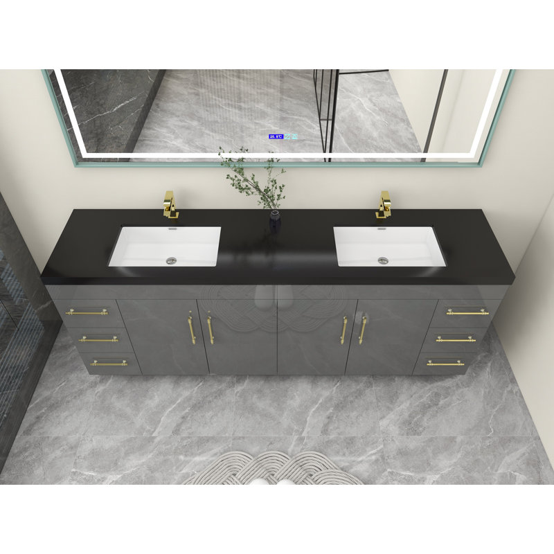 Ensemble de meuble-lavabo double 84 po Campney, Gris à haute brillance, Or mat