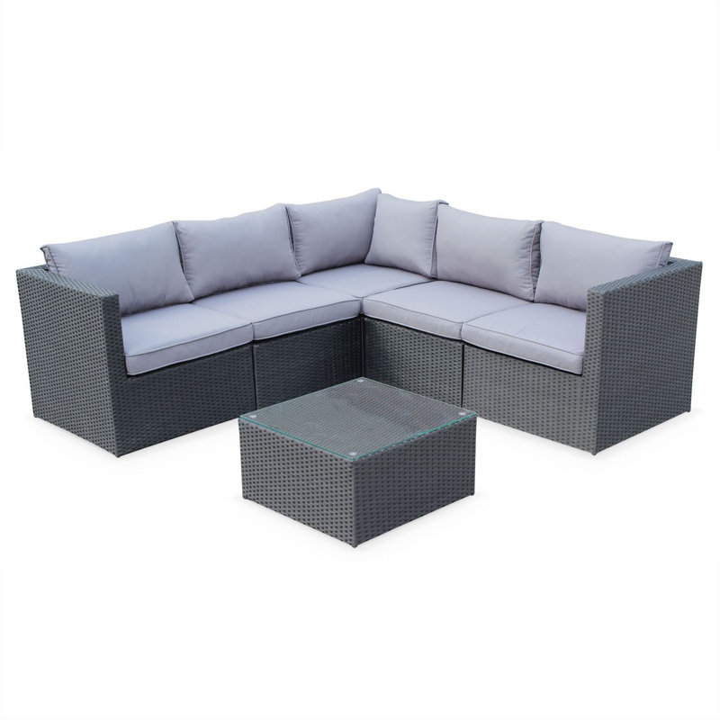 5-Seater Rattan Garden Furniture Sofa Set Table, Grey, Black