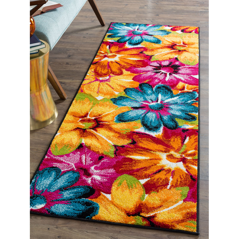 Tapis jaune / bleu Weisman, Tapis de couloir 2 pi 7 po x 7 pi 3 po