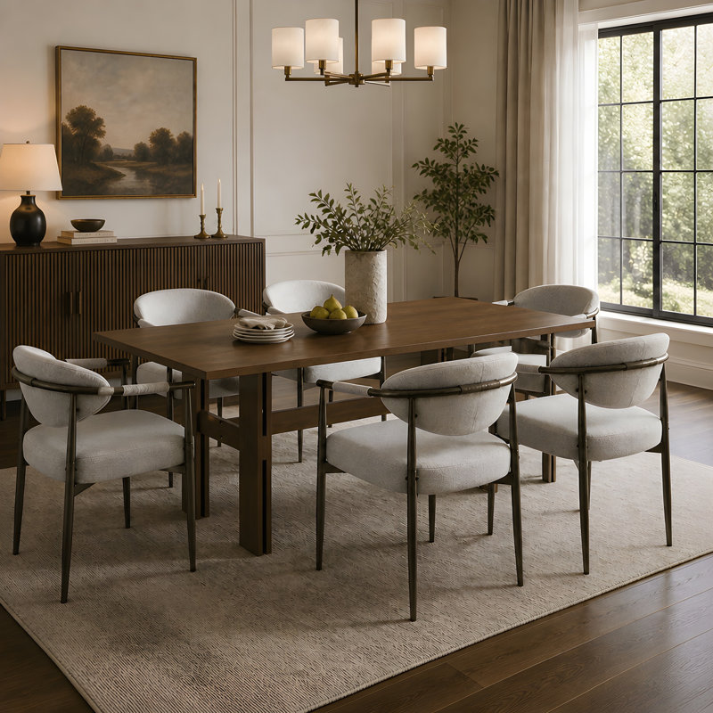 7 Pieces Modern Oval Dining Set, Rustic Farmhouse Solid Wood  Kitchen Table Set for 6, 71'' Large Luxury Retro Country Dinner Set with Beige Chairs, for Dining Room, Kitchen,Walnut