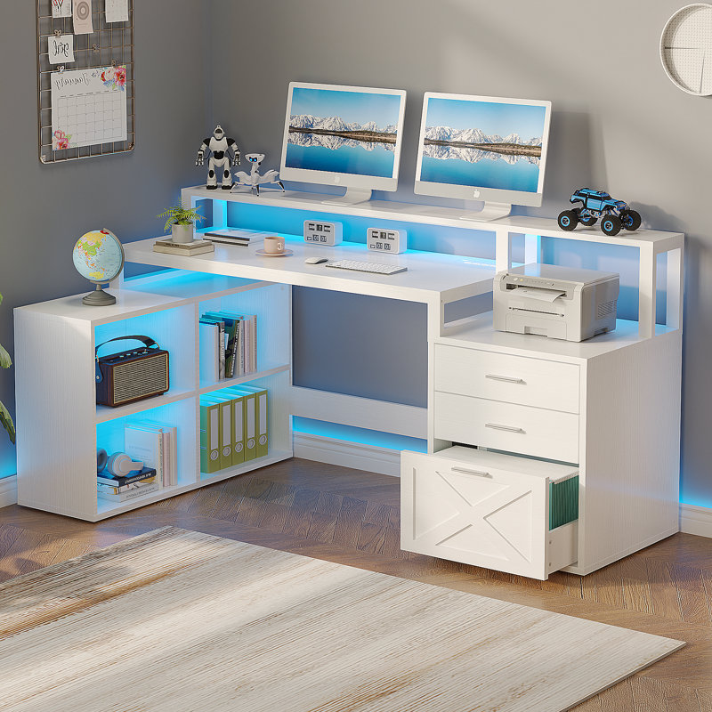 Ravleen 66'' W L-Shaped Computer Desk with Cube Shelves and Cabinet, White