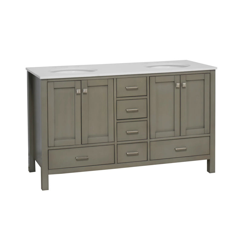 Claudett 60'' Double Bathroom Vanity with Top, Weathered Grey, Engineered White