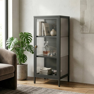 Benoite 40.04-inch Black Two Door Metal Storage Cabinet with Fluted Clear Doors and Gold Handles