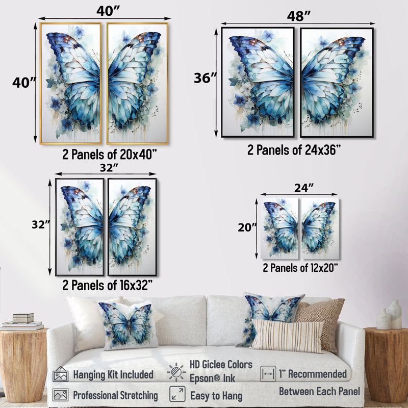 «Butterfly Watercolor Wings I», art mural bleu, Noir, H 36 po x l 48 po, Reproduction encadrée sans passe-partout