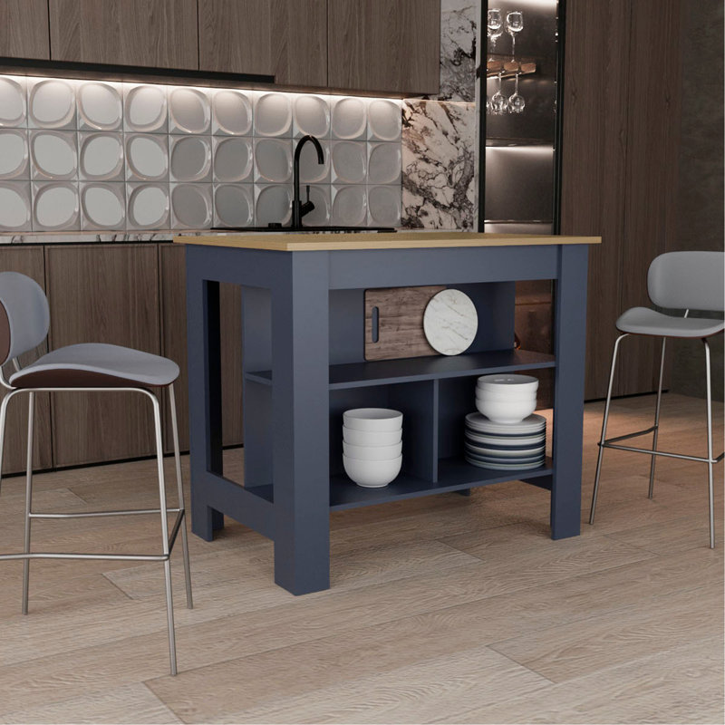 Îlot de cuisine H 35,3 po, 3 tablettes, bleu Alby / chêne naturel - Cuisine
