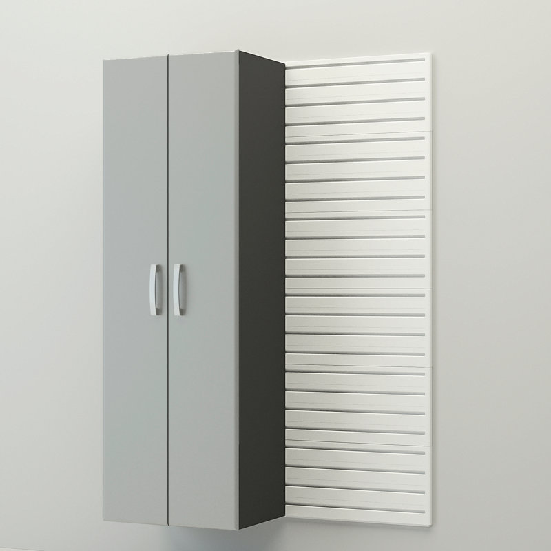 Ensemble de rangement à panneau à lattes, armoire haute, tablette, bac, crochet et poste de travail 50 pièces Flow Wall
