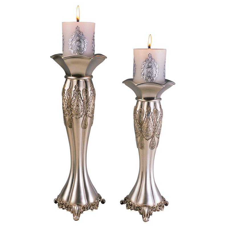 12" and 14" Tall Polyresin Candleholder, Silver Royal design (Set of 2)