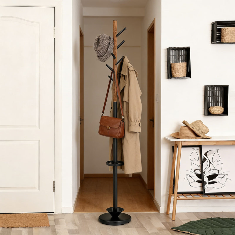 Freestanding Coat Rack And Umbrella Stand With 6 Hooks And Sturdy Base, Modern Entryway Organizer For Home Or Office