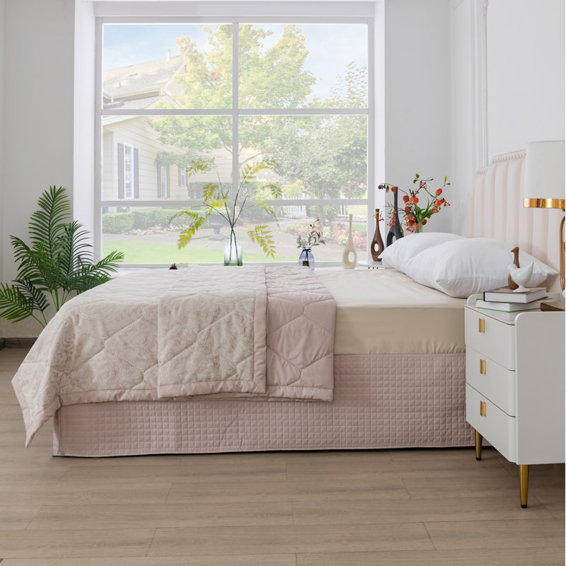  Grid Quilted Microfiber Bed Skirt with 14" Drop, Queen, Natural
