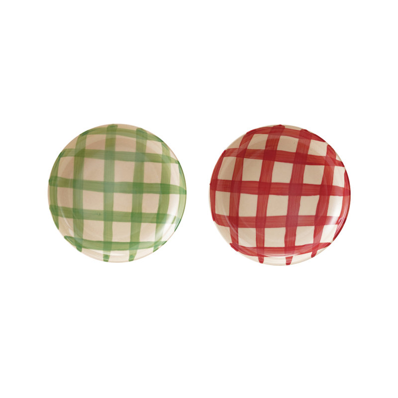 Hand-Painted Stoneware Dish With Plaid Pattern