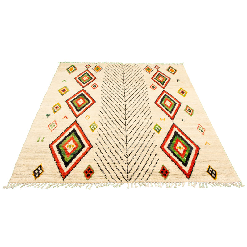 Tapis décoratif de laine marocaine de conception unique Ivoire 8 pi x 10 pi 4 po Auralee noué à la main