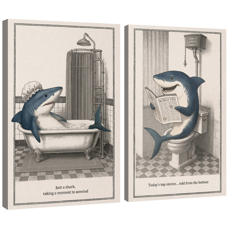 Shark in Bathroom Canvas Wall Art Set, Playful Tub and Toilet Humor Framed Prints for Modern Powder Room or Coastal Decor