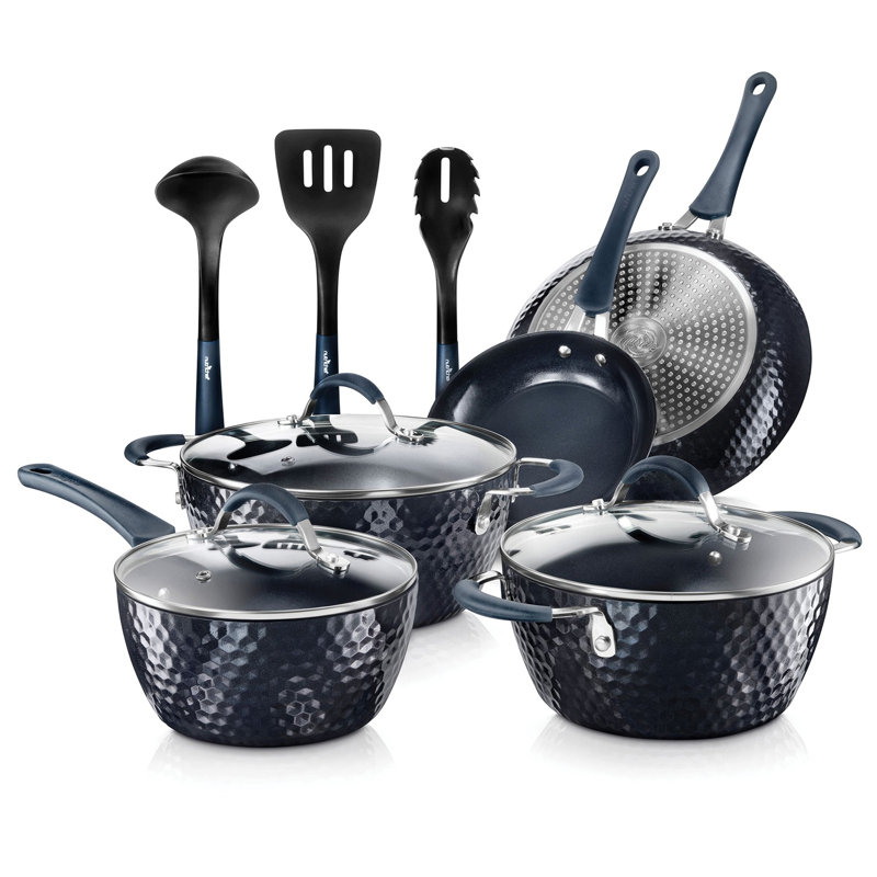 NutriChef 11-Piece Navy Blue Nonstick Aluminum Cookware Set with Utensils