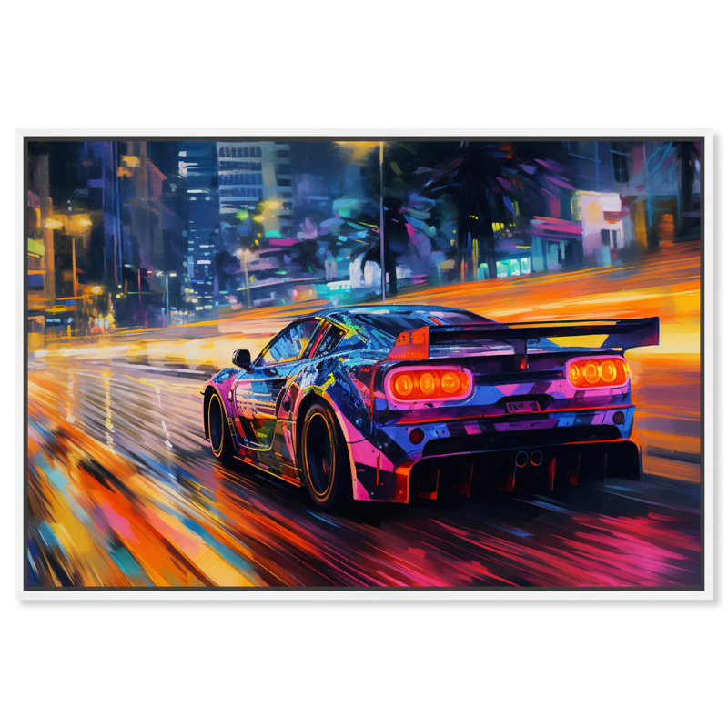 «Notoriart Night Drive Vibes», art mural sur toile 1 pièce, Cadre blanc, H 25 po x l 37 po