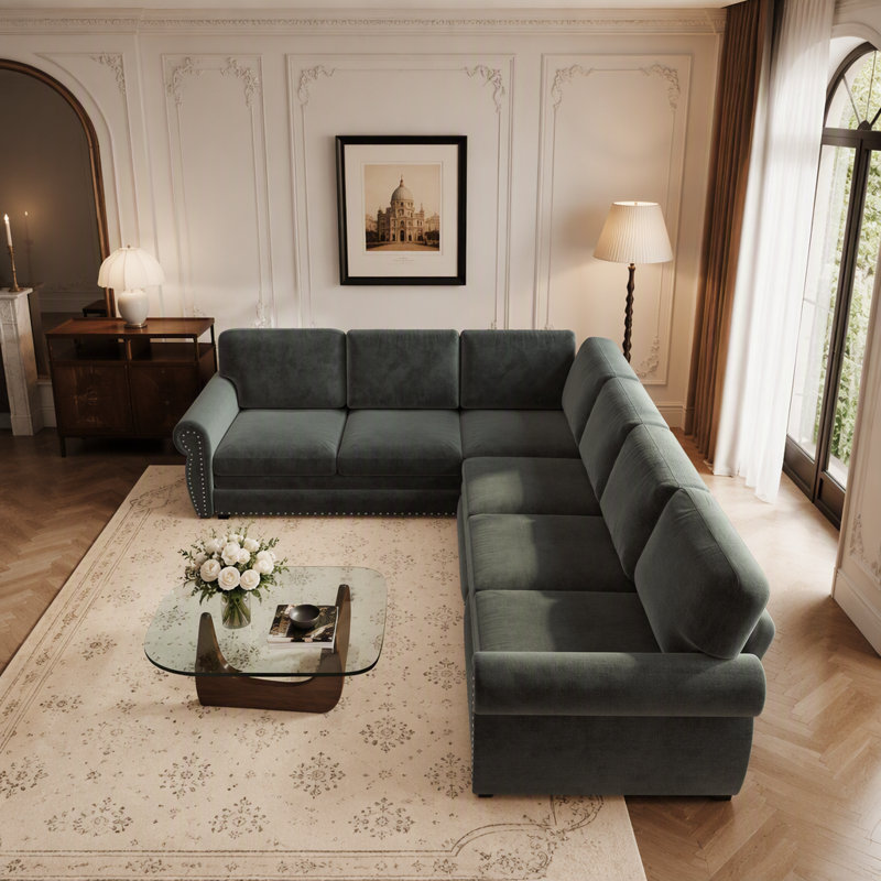 Canapé d'angle en L de 3 m avec lit gigogne, grand canapé-lit convertible avec garniture cloutée et accoudoirs arrondis, canapé d'angle en chenille, gris foncé