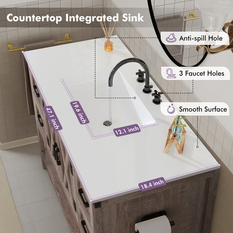 Chimira 48" Farmhouse Single Bathroom Vanity with Storage, Rustic Gray, Gray, 48"