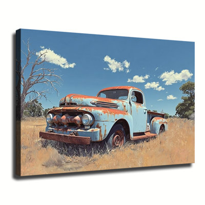 Vintage Rusted Old Pickup Truck In Dry Grass Field, Large Gallery Wrapped Canvas Wall Art Print For Living Room Bedroom