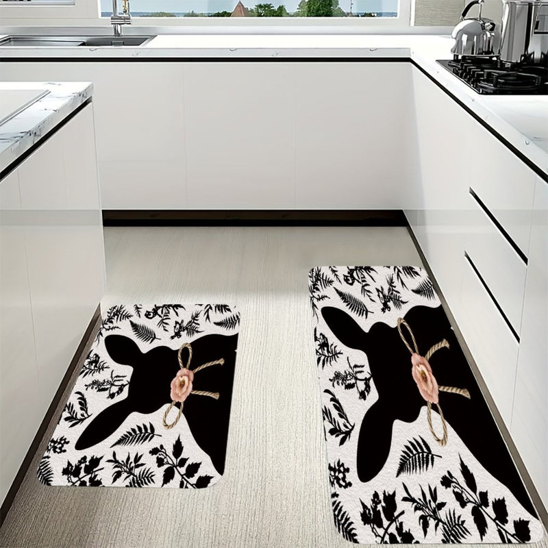Tapis de cuisine antidérapant à motif de lapin avec fleur, 2 pièces, Silhouette de lapin noir avec fleur