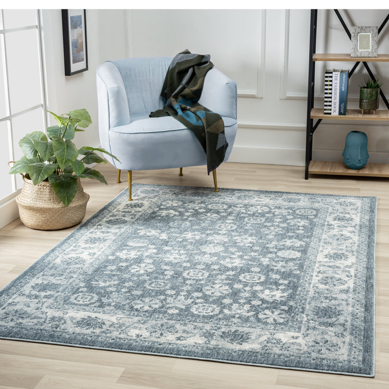 Tapis bleu à motif floral Manasi, Rectangle 8 pi x 10 pi