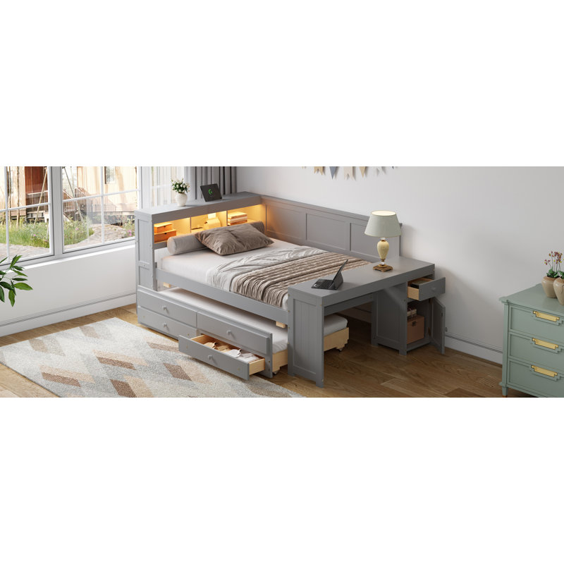 Daybed With Storage, LED Lighting, Desk,, Gray