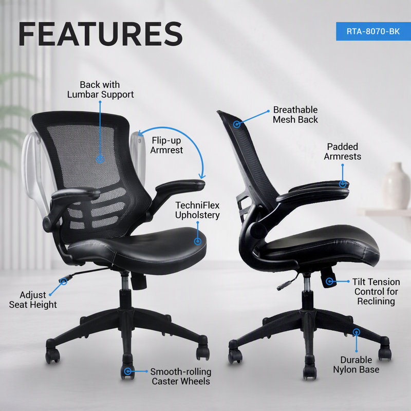 Chaise de bureau élégante en maille à dossier mi-haut, avec accoudoirs réglables, noire, aérée et confortable pour de longues heures d'utilisation.