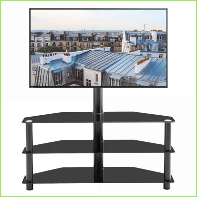 Meuble télé pivotant à 3 niveaux et hauteur réglable 35,4 po | Noir | Verre