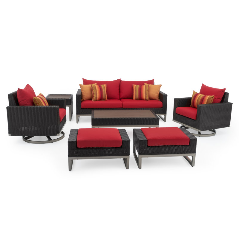 Sameko 7 Piece Rattan Sofa Seating Group With Sunbrella Cushion Covers, Brown, Canvas Jockey Red Sunbrella® Canvas