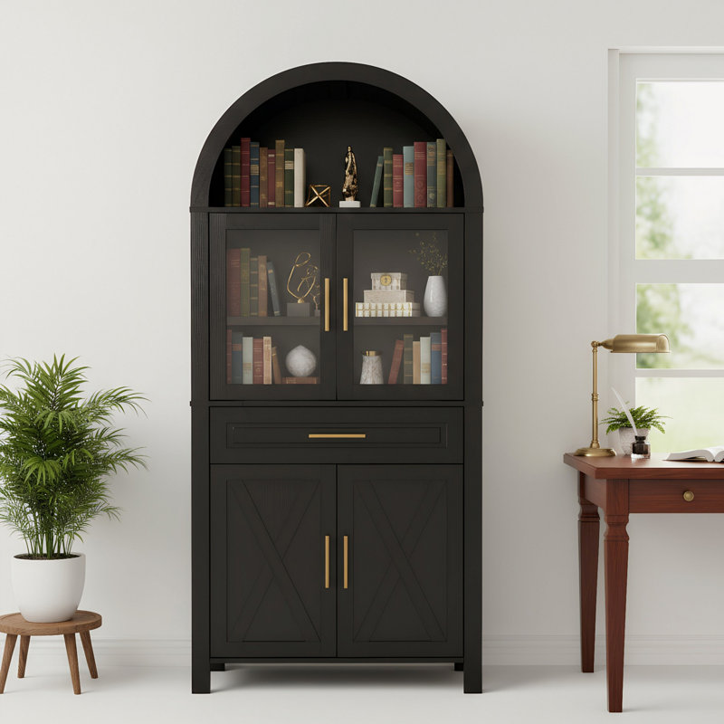 Garde-manger arqué avec porte vitrée, garde-manger avec tablettes réglables Farmhouse, Noir