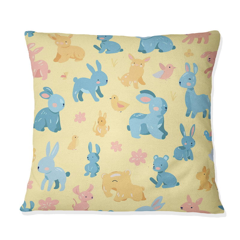 Motif de lapin bleu et jaune pour enfants - Coussin pour enfants, Carrée, H 18 po x l 18 po