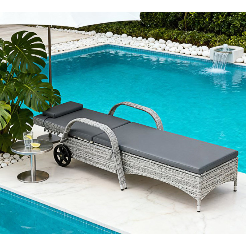 Adjustable Backrest Rattan Pool Lounge Chair, Black Cushion/Mixed Gray Frame, 1