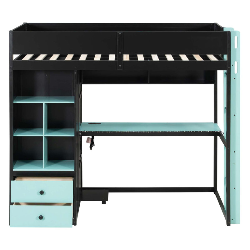 Lit mezzanine haut de gamme en bois massif avec bureau intelligent à DEL et rangement intégré, Noir; Bleu