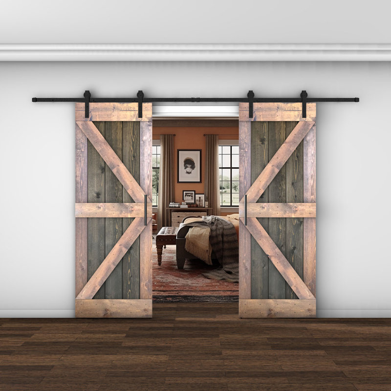 Porte de grange lambrissée peinte en bois et en métal, 60 po x 84 po, Acajou/ chêne