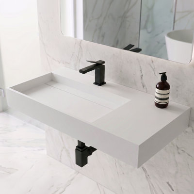 Juniper 36" Rectangular Wall Mounted Bathroom Sink with Left Basin and Counter Space - White, With Faucet Hole
