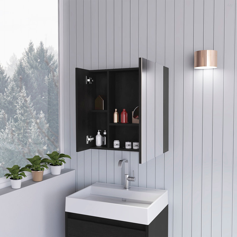 Armoire à pharmacie à miroir, avec quatre tablettes internes, double porte, rangement minimaliste pour la salle de bain, Noir