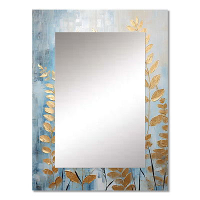 Blue And Golden Ferns Breeze Symphony I - Ferns Decorative Mirror, Modern Large Wall Mirror, Printed Metal Art