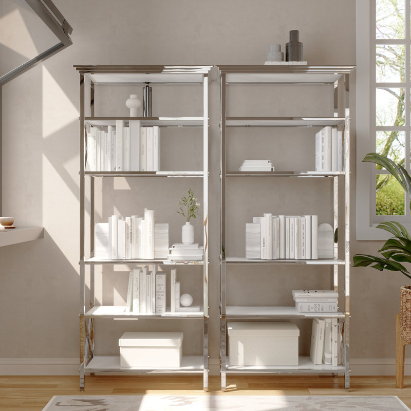 Ensemble de 2 bibliothèques 71 pouces à 6 tablettes en verre blanc et chrome argenté
