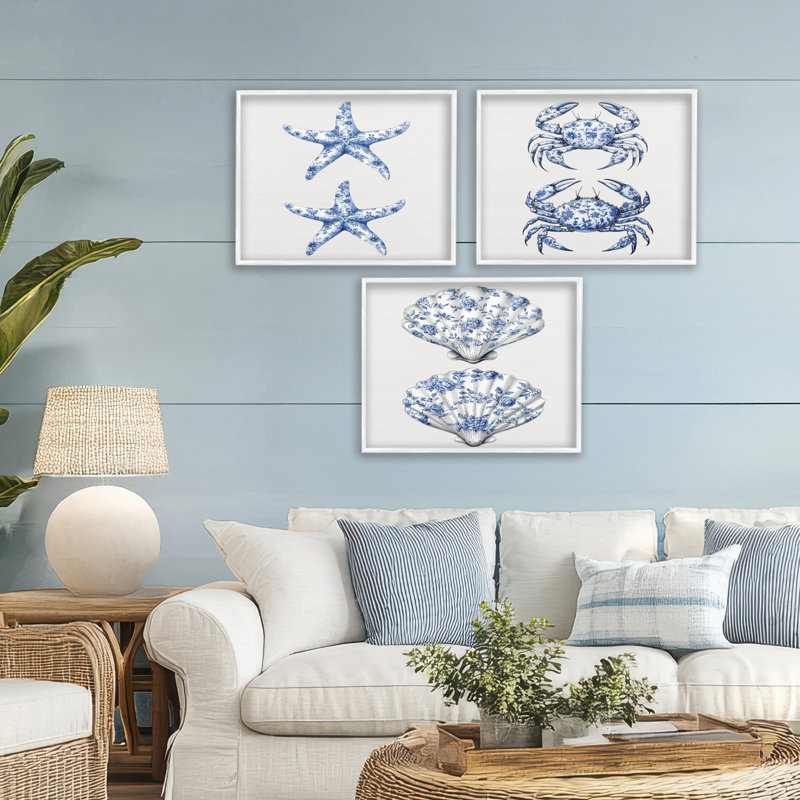 Ensemble de giclées encadrées vintage 3 pièces Starfish & Crabs, H 20 po x l 16 po