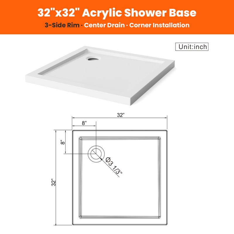 32" X 32" Barrier-Free Zero Threshold Shower Base, Acrylic Alcove Square Shower Pan Base