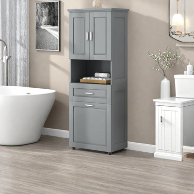 Grande armoire de salle de bain avec panier à linge, grand panier à linge inclinable et armoire de rangement supérieure