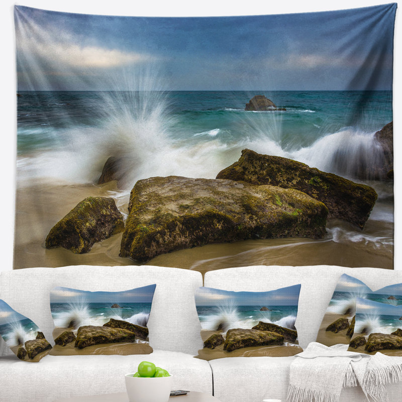 Seascape vagues crashant les rochex au bois cove tapisserie, H 32 po x l 39 po