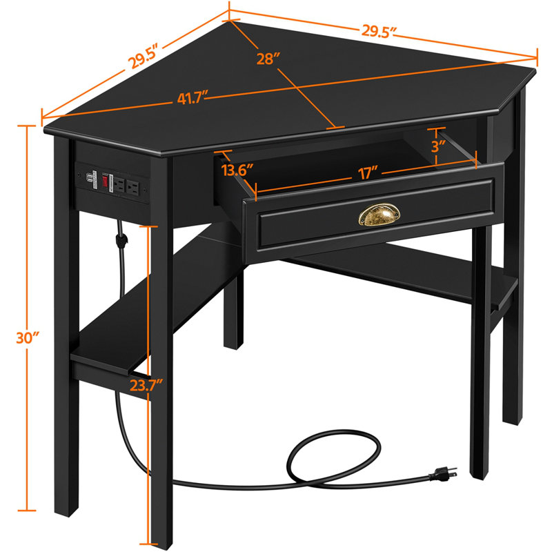 Annalycia Corner Computer Desk Workstation with Power Outlet, Black