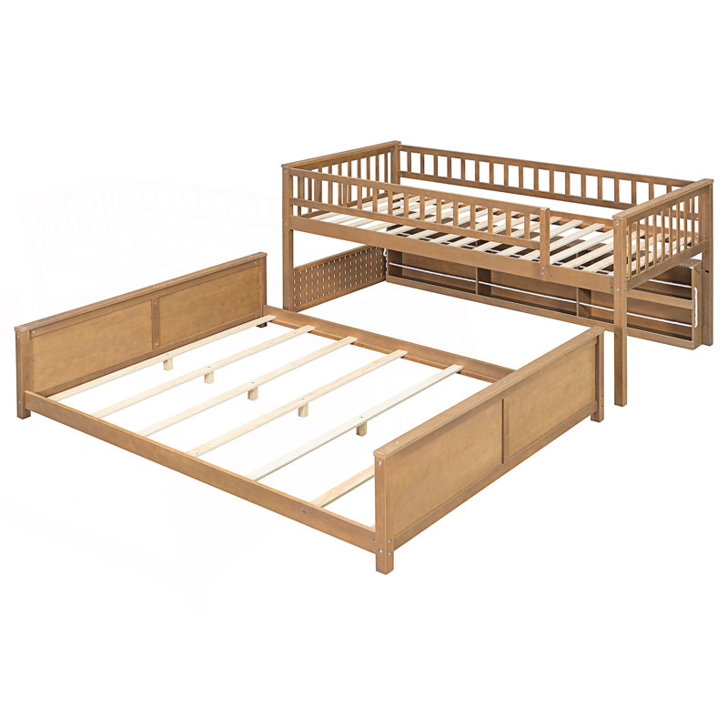 Lit superposé simple au-dessus de grand lit simple avec tablettes intégrées, Brun