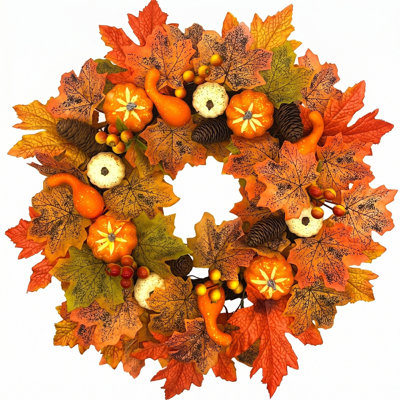 Couronnes d'automne de 15,7 pouces pour la porte d'entrée, décorations d'automne pour la maison, couronne d'automne, couronne d'automne avec citrouilles, baies, feuilles d'érable pour l'Action de grâce, décorations d'Halloween intérieur extérieur extérieur automne