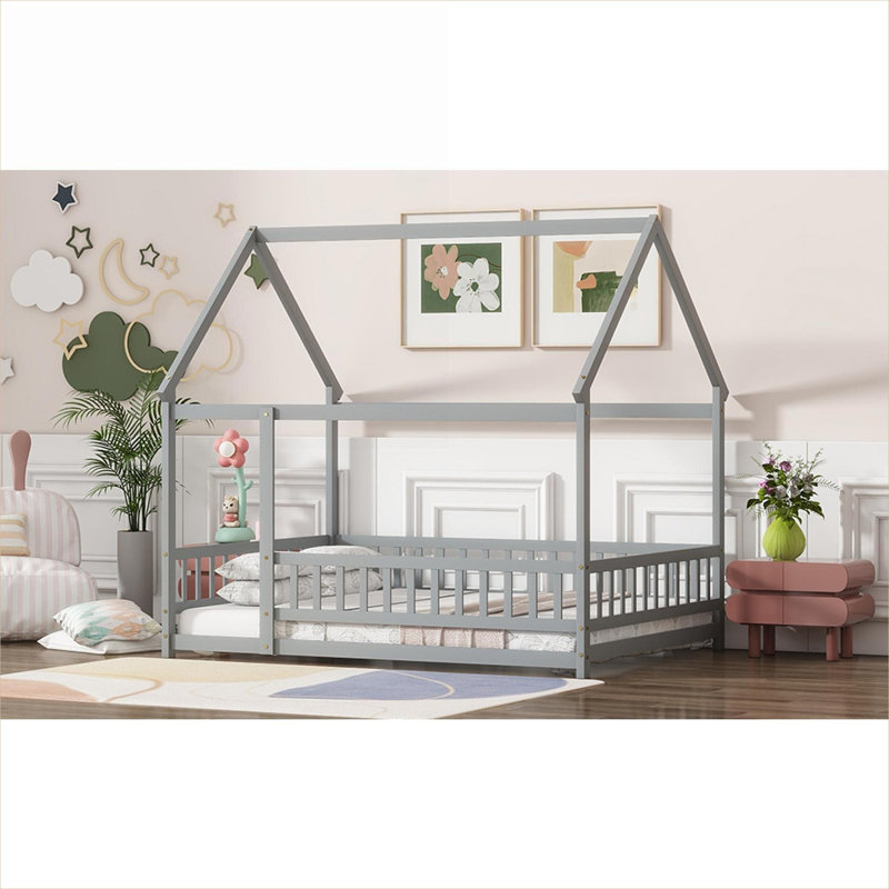 Lit plateforme en bois d'hévéa gris ardoise massif, cadre de maison pour chambre d'enfant et jeu imaginatif